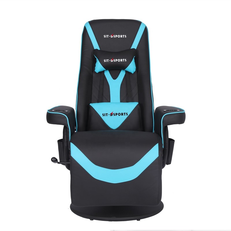 Luksusowa czarno-niebieska sofa gamingowa w stylu wyścigowym z uchwytem na kubek, oświetleniem LED i podnóżkiem