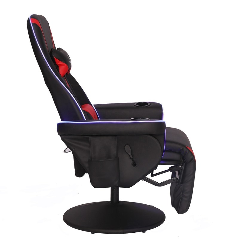 Luksusowa czarno-niebieska sofa gamingowa w stylu wyścigowym z uchwytem na kubek, oświetleniem LED i podnóżkiem