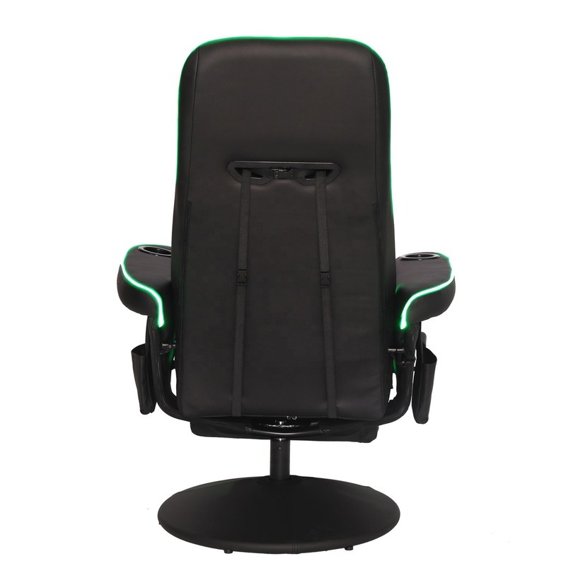 Luksusowa czarno-niebieska sofa gamingowa w stylu wyścigowym z uchwytem na kubek, oświetleniem LED i podnóżkiem