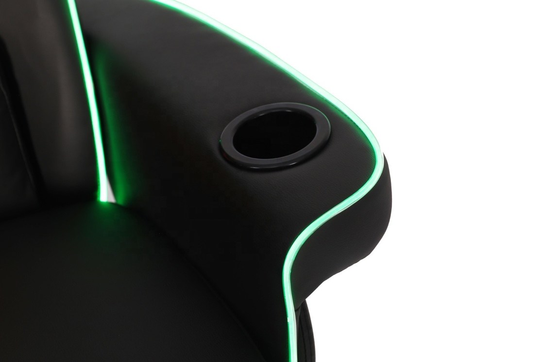 Luksusowa czarno-niebieska sofa gamingowa w stylu wyścigowym z uchwytem na kubek, oświetleniem LED i podnóżkiem